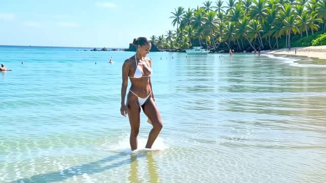 Woman strolling through clear tropical ocean water on beach AI video preview