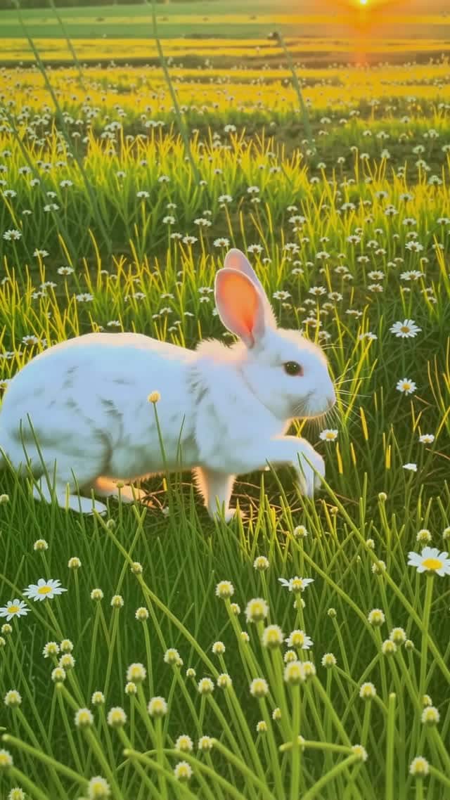 Bunny enjoying the field golden hour vertical stock video AI video preview