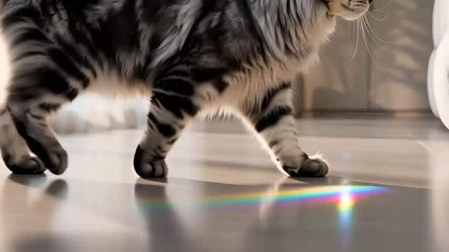 モダンな家で虹色の光の中を歩く猫 AI video preview