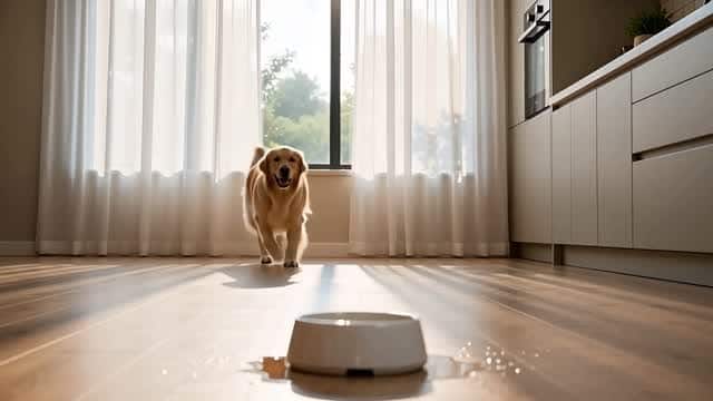 モダンな家で水を飲むゴールデンレトリバー AI video preview