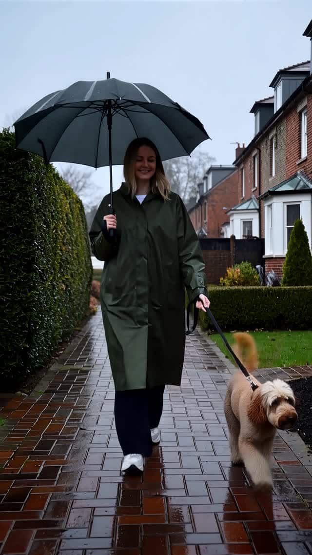 Woman and dog walking in rain under umbrella vertical video AI video preview