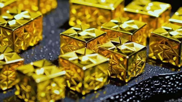 Stacked brilliant gold cubic geometry on black background AI video preview