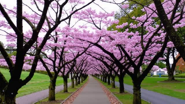 Pink cherry blossom tunnel under blooming trees AI video preview