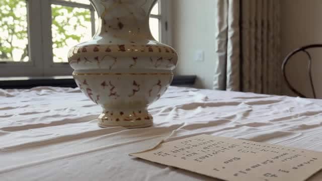 Elegant vase holding peace lilies on a linen table AI video preview
