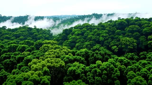 Lush tropical forest canopy covered in morning fog AI video preview
