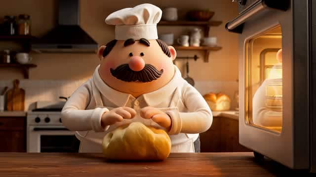 Cartoon baker making fresh croissants and bread in a kitchen AI video preview