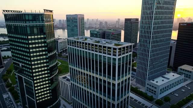 Aerial view of modern cityscape at sunset over a river AI video preview