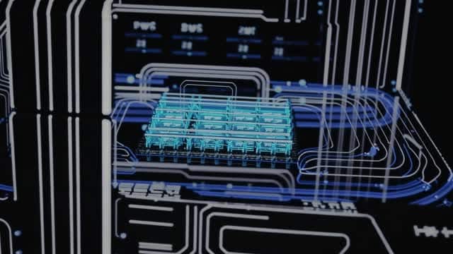 Circuit board technology glowing digital data stream AI video preview