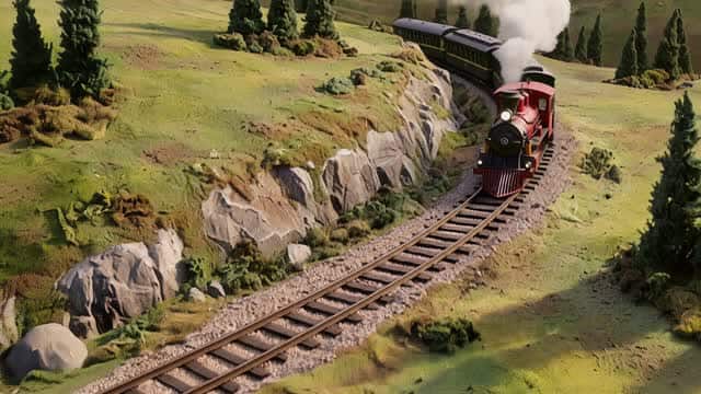 Vintage steam train journey through scenic pastoral landscape AI video preview