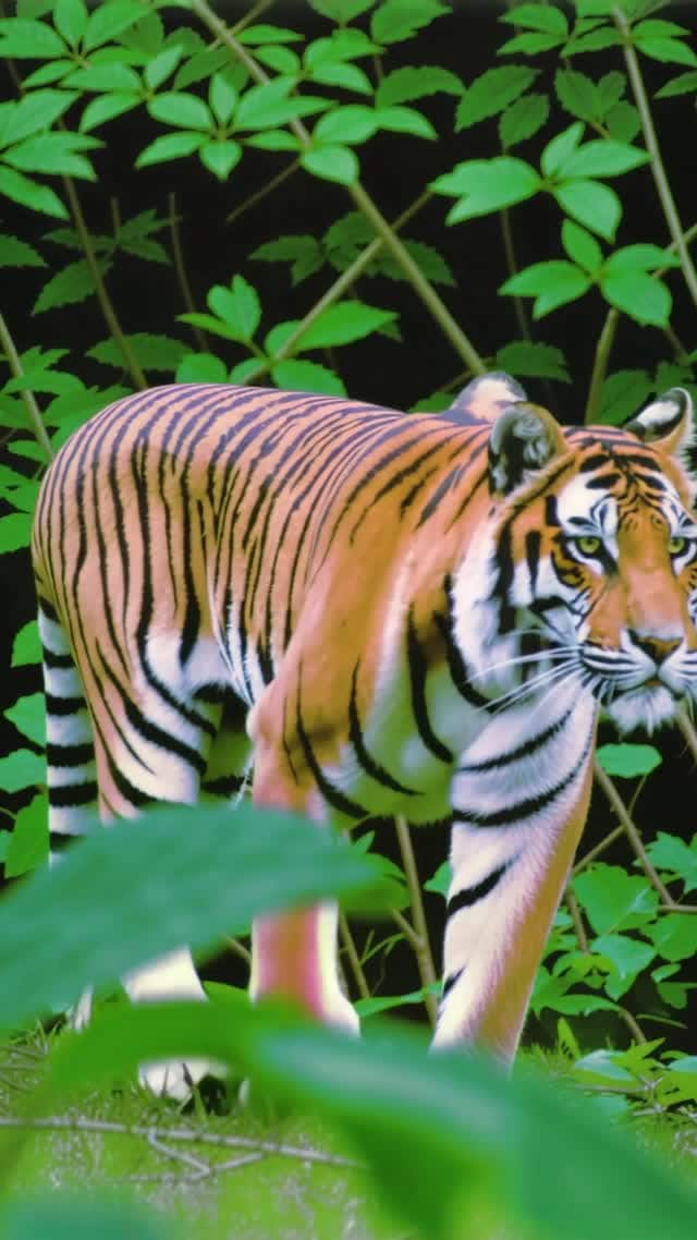 Majestic tiger walking through tropical jungle video vertical AI video preview