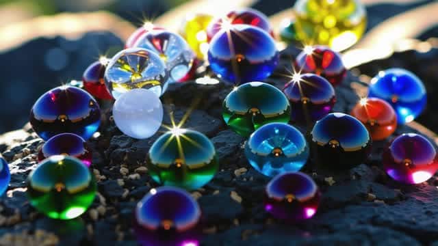 Colorful glossy glass marbles arranged on a rough rock texture AI video preview