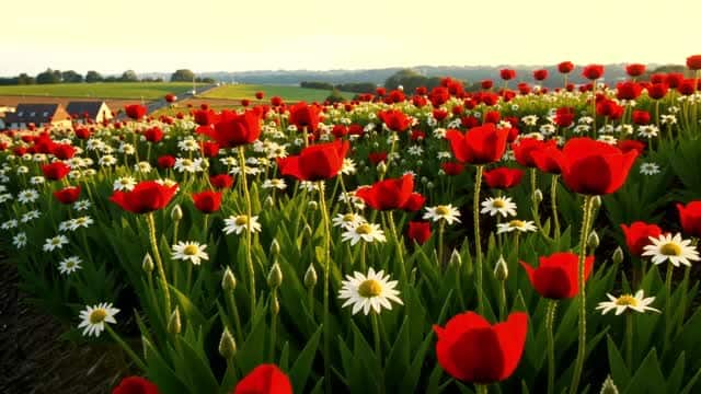 赤と白の春の花が広がる鮮やかな自然景観 AI video preview