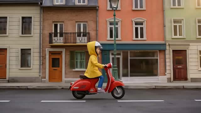 Young rider on scooter through European urban streets AI video preview