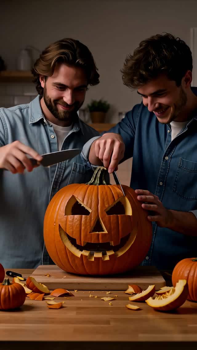 秋のハロウィーンを彩る不気味なカボチャ彫刻 AI video preview