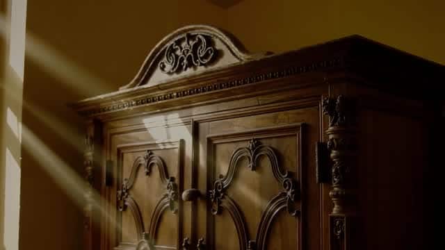 Ornate antique wooden cabinet illuminated by streaming natural light AI video preview