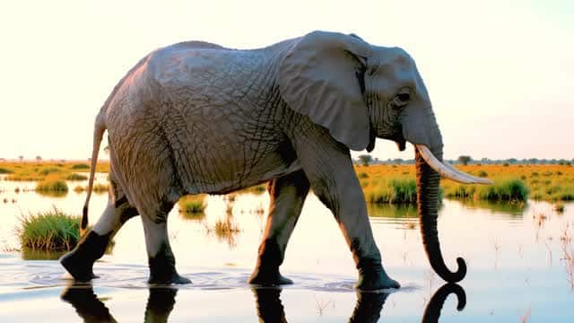 Elephant wading through safari watering hole at sunset AI video preview
