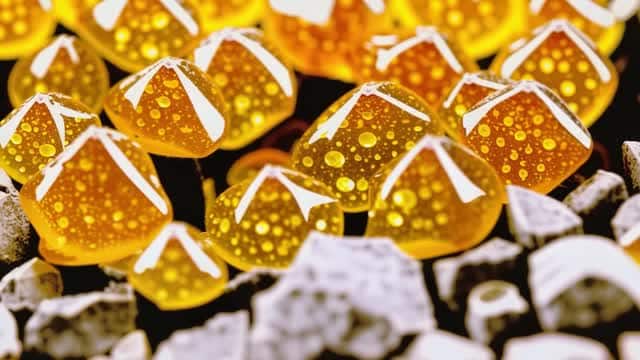 Golden crystalline sugar candy macro sweets closeup AI video preview