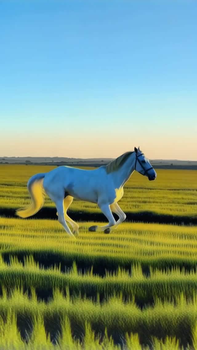 White horse gallops through golden fields vertical video AI video preview