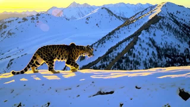 雪に覆われた山岳風景を歩く大型ネコ科動物 AI video preview
