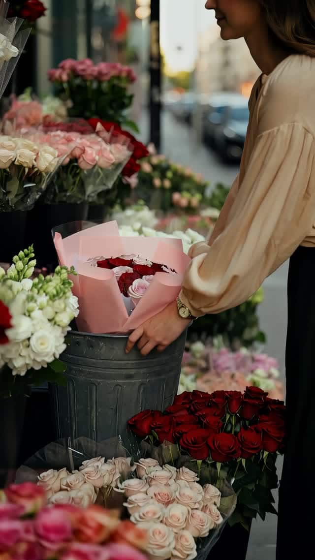 Couple celebrating with roses outdoors golden hour video vertical AI video preview
