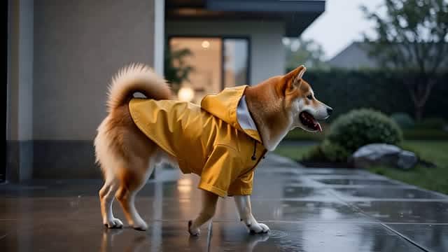 黄色いレインコートで濡れたポーチを歩く柴犬 AI video preview