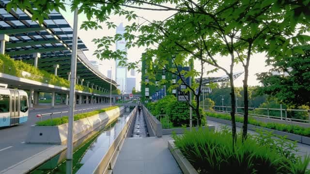 都市の緑化建築を通り抜ける近代的な交通回廊 AI video preview
