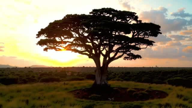 African savanna landscape with large acacia tree at sunset AI video preview
