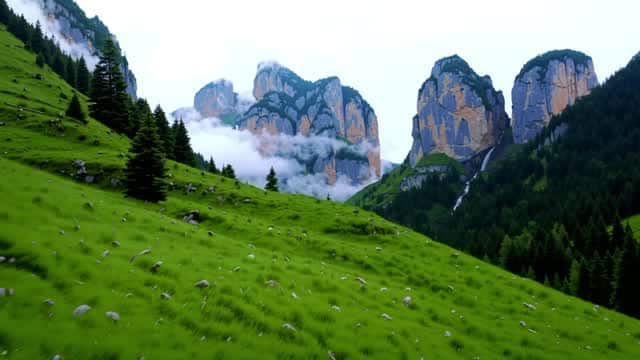 Majestic alpine mountains with green slopes and dramatic peaks AI video preview