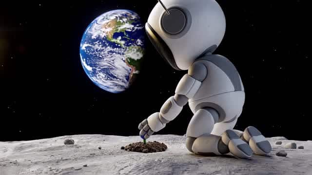 Robot planting life and flowers on the lunar surface in space AI video preview