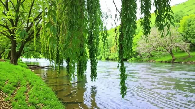 Weeping willows hang over calm river banks in spring forest AI video preview