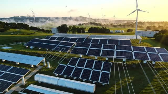太陽光と風力発電が並ぶ再生可能エネルギー設備 AI video preview