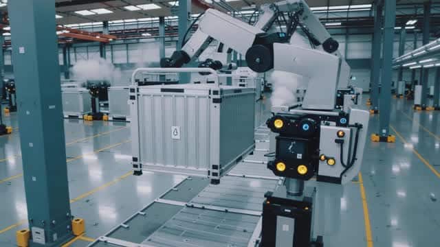 高度に自動化された近代倉庫で稼働する産業ロボット AI video preview