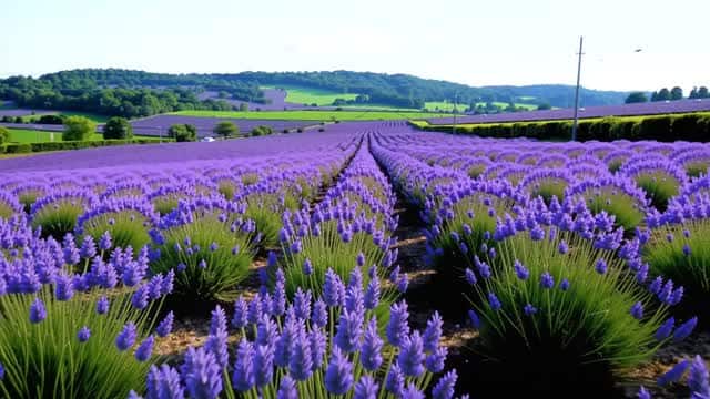 Lavender flower rows stretching across the scenic farmland AI video preview