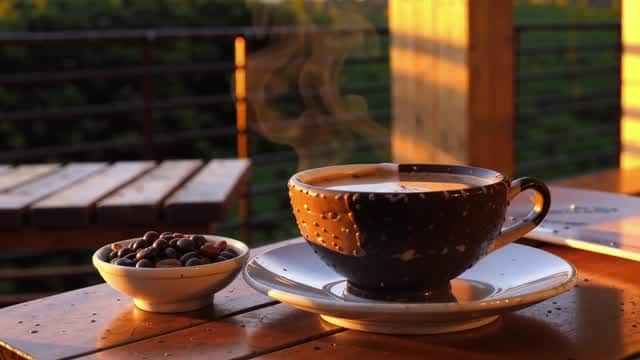 Steaming coffee on a rustic table with roasted beans AI video preview