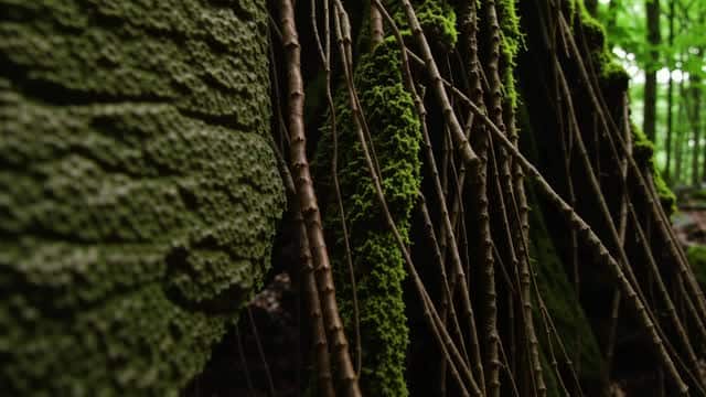Lush jungle roots covered in vibrant green moss in the woods AI video preview