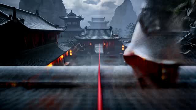 伝統的なアジア寺院建築を舞台にしたシネマティックアクション AI video preview