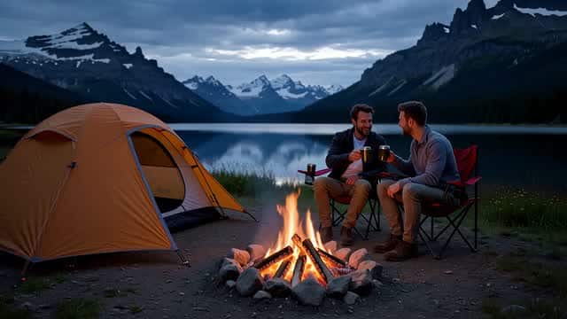 Mountain camping adventure by serene lake at night AI video preview