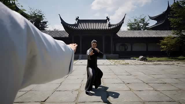 Men practicing martial arts in traditional asian courtyard AI video preview