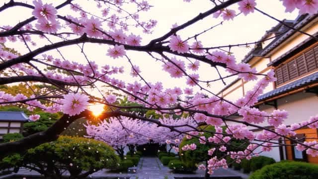 春の日本庭園に続く桜のトンネル小道 AI video preview