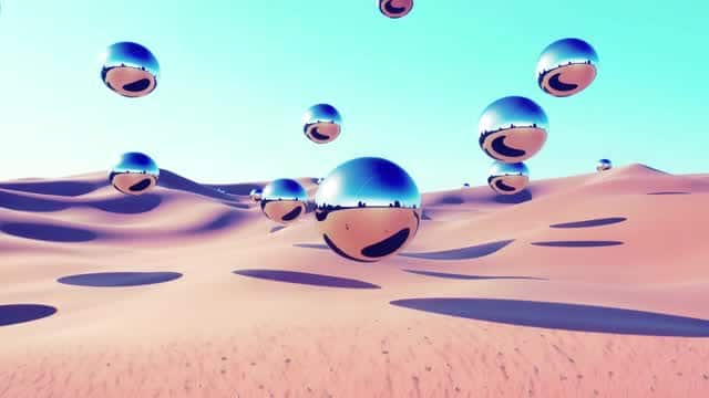 Floating shiny bubbles above minimalist desert landscape dunes AI video preview